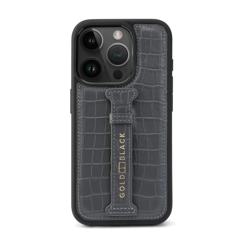 iPhone 15 Pro max calf leather case grey with croco-embossing and fingerstrap