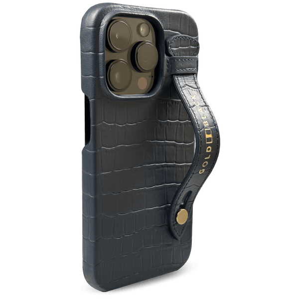 iPhone 14 Pro Max Slim Case Croco Navy Blue With Strap