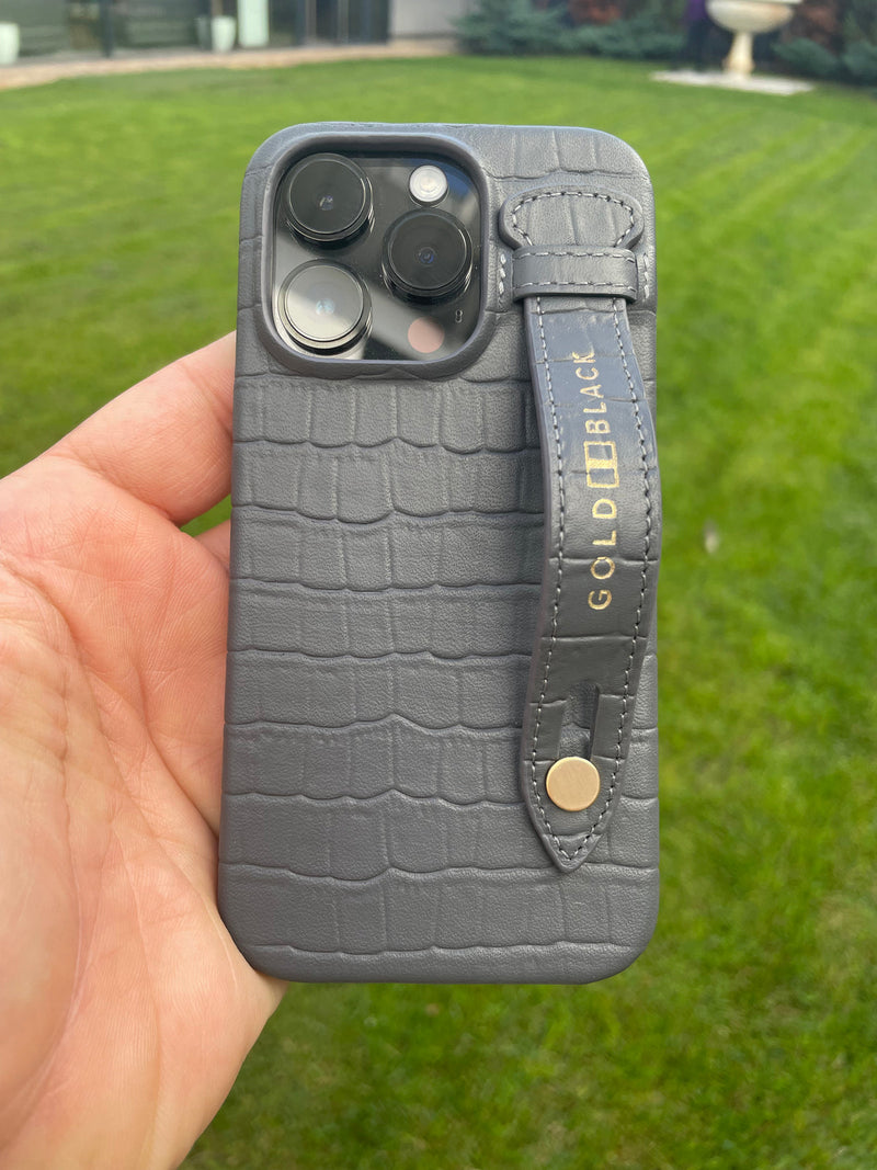 iPhone 14 Pro Max Slim Leather Case Croco Gray with strap