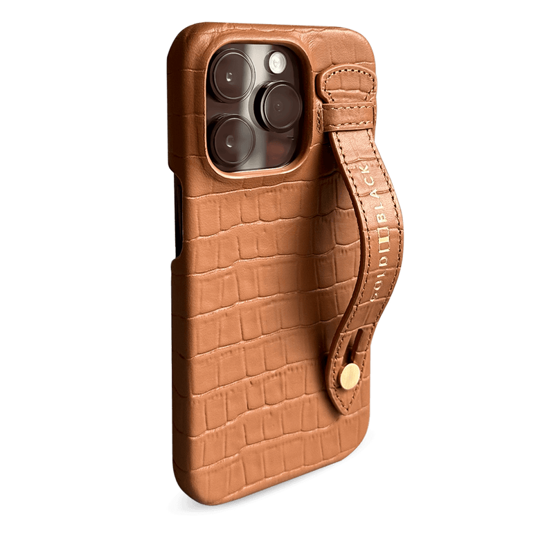 iPhone 14 Pro Slim Case Croco Brown Beige With Strap