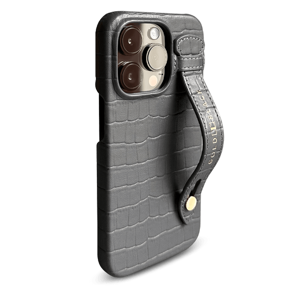 iPhone 14 Pro Slim Leather Case Croco Gray with strap