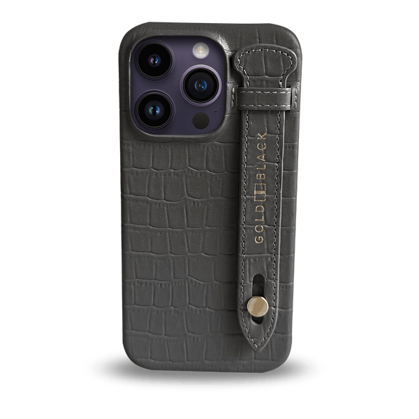 iPhone 14 Pro Slim Leather Case Croco Gray with strap
