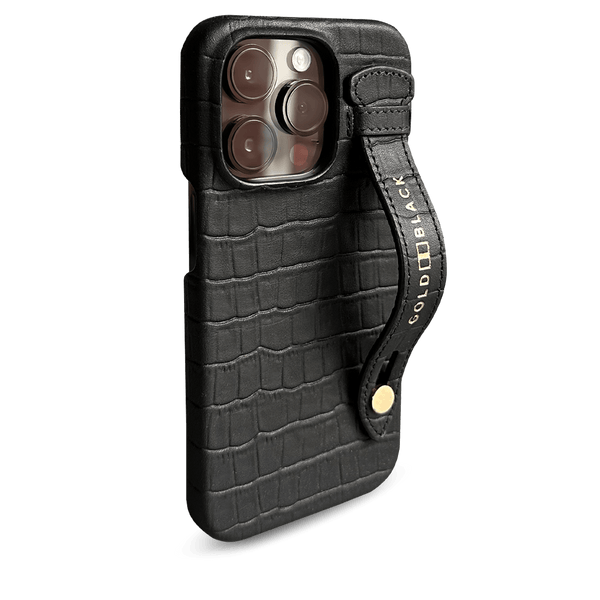 iPhone 14 Pro Max Slim Croc Black Leather Case with Strap