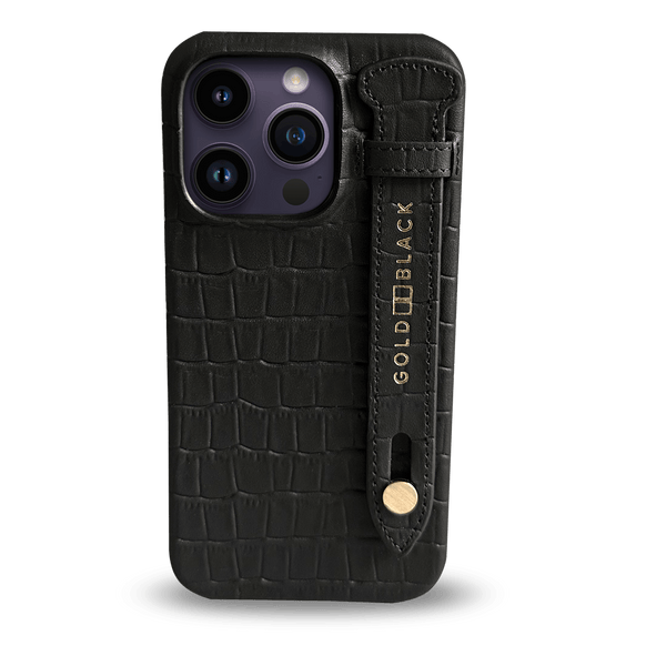 iPhone 14 Pro Max Slim Croc Black Leather Case with Strap