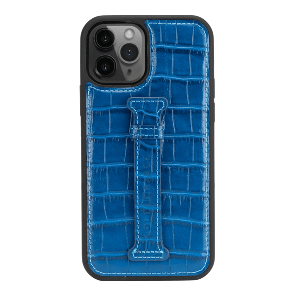 Copy of IPHONE 13 / 13 PRO LEATHER CASE WITH FINGERHOLDER CROCO BLUE