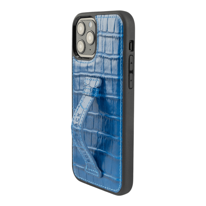 Copy of IPHONE 13 / 13 PRO LEATHER CASE WITH FINGERHOLDER CROCO BLUE