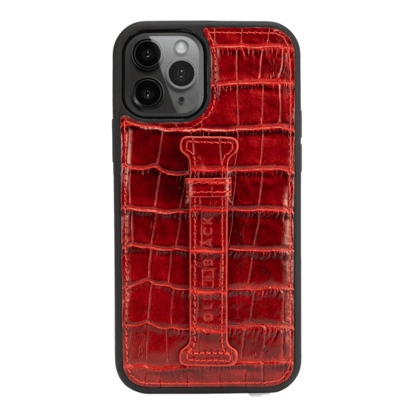 IPHONE 12 / 12 PRO LEATHER CASE WITH FINGERHOLDER CROCO RED