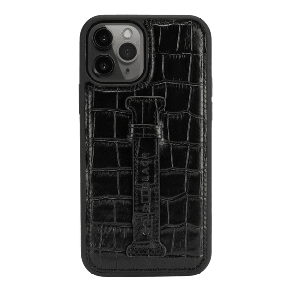 IPHONE 13 / 13 PRO LEATHER CASE WITH FINGERHOLDER CROCO BLACK