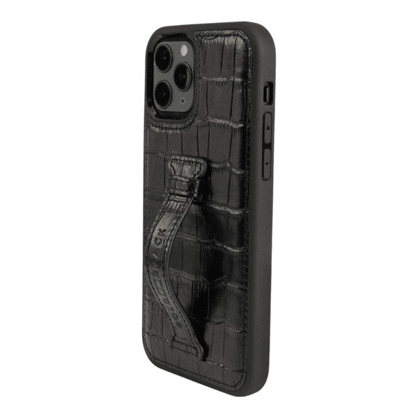IPHONE 13 / 13 PRO LEATHER CASE WITH FINGERHOLDER CROCO BLACK