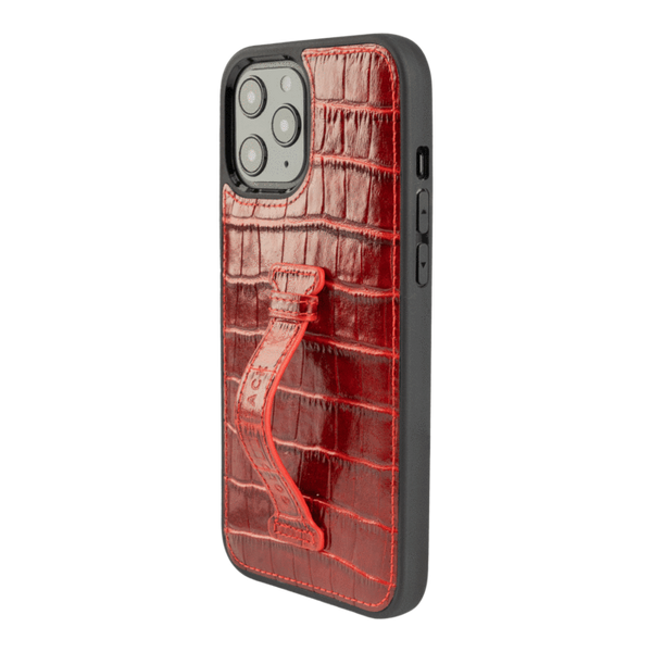 IPHONE 12 PRO MAX LEATHER CASE WITH FINGERHOLDER CROCO RED