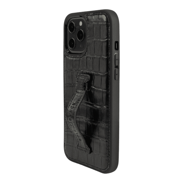 IPHONE 13 PRO MAX LEATHER CASE WITH FINGERHOLDER CROCO BLACK