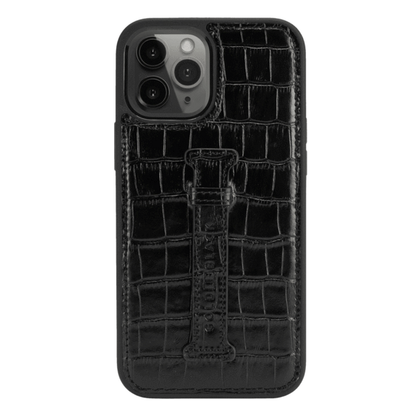 IPHONE 13 PRO MAX LEATHER CASE WITH FINGERHOLDER CROCO BLACK